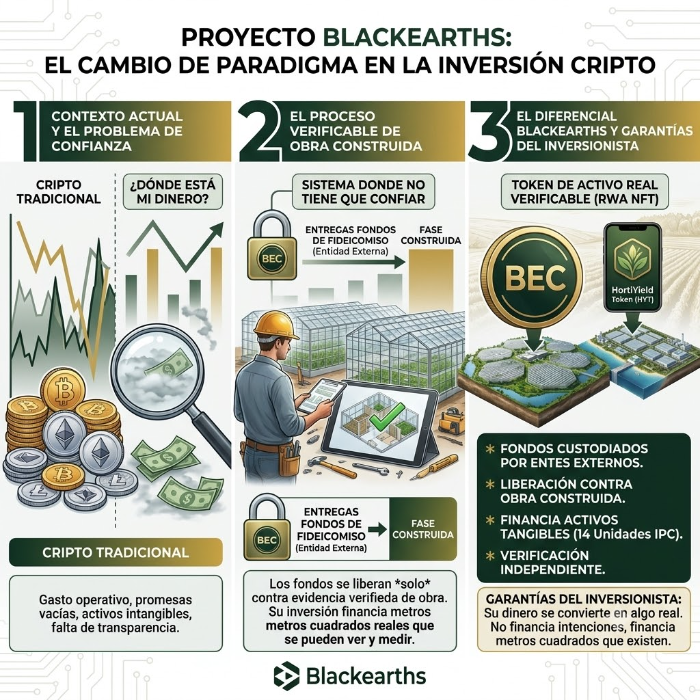 Proyecto Blackearths: el cambio de paradigma en la inversión cripto — contexto y problema de confianza, proceso verificable de obra construida, diferencial Blackearths y garantías del inversionista